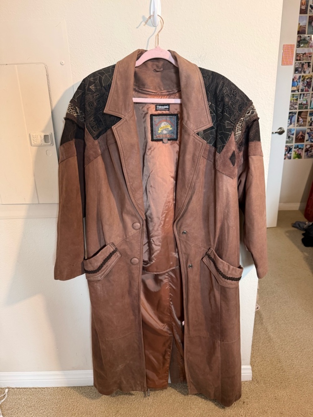 Vintage Leather Western Duster Coat Southwestern Patchwork Thinsulate Jacket M L